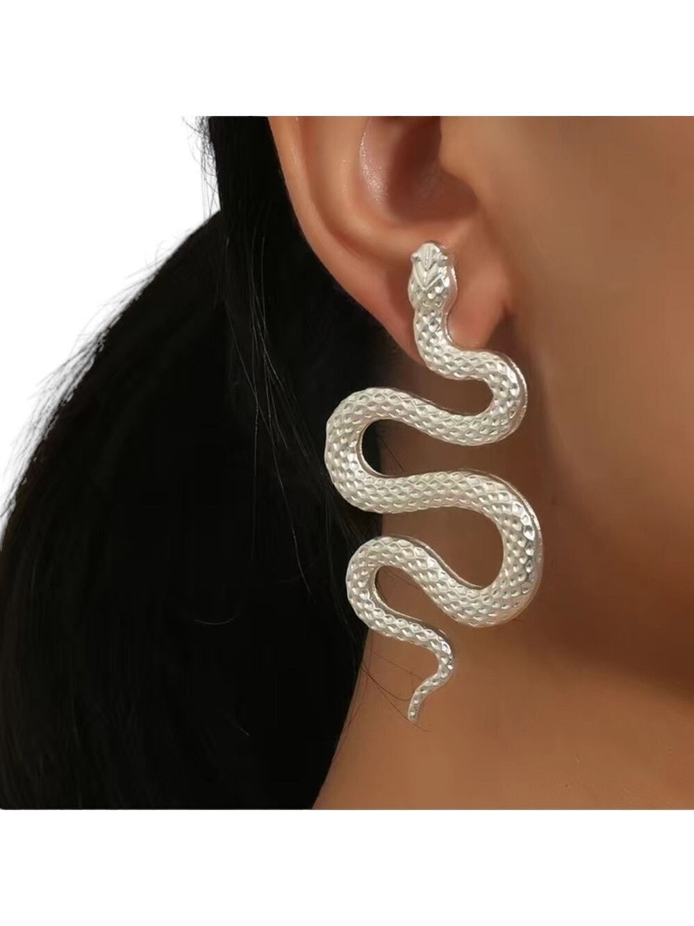 SNAKE Shaped Silver Tone Drop Pierced Earrings Textured